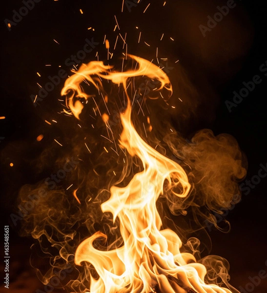 Fototapeta Dynamic orange flames dance with glowing embers and wisps of smoke against a dark background, creating a captivating visual of intense heat and energy.