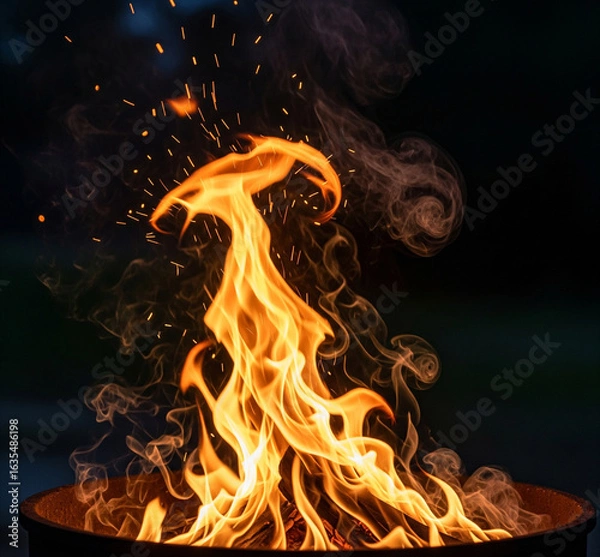 Fototapeta Vibrant flames dance with swirling smoke and glowing embers in a captivating nighttime bonfire, creating a warm, inviting atmosphere perfect for outdoor gatherings and cozy evenings.