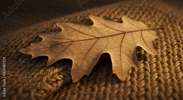 Obraz A close-up photograph of a single, dried oak leaf resting on knitted fabric.