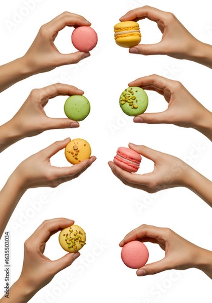 Fototapeta Isolated Hands Holding Colorful Macarons Against a Transparent Black Background