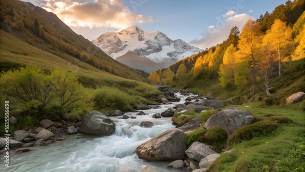 Fototapeta A stunning mountain river flows through an Alpine landscape, showcasing the serene beauty of nature's green valleys, rocks, and sky