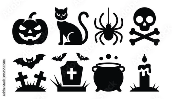 Fototapeta Minimalist Halloween Silhouette Icons , Clean Black Vector Designs of Jack-o’-Lantern, Black Cat, Spider on Web, Skull, Bats, Tombstone, Cauldron, and Candle