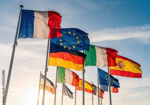 Obraz Diverse european flags waving against a clear blue sky at sunny summer day