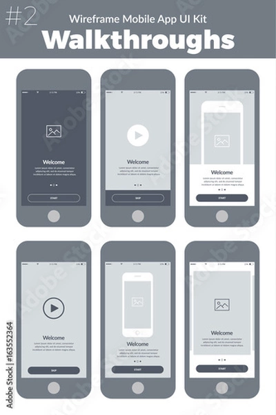 Fototapeta Wireframe UI kit for mobile phone. Mobile App Walkthroughs screens