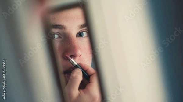 Fototapeta Young Person Applying Makeup in Front of a Mirror During a Bright Morning in a Well-Lit Room