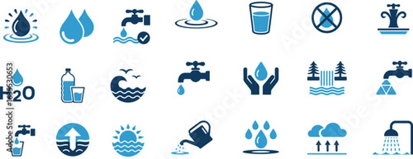 Obraz Blue two-tone icon set illustrating water resources, consumption, conservation, and the natural water cycle.