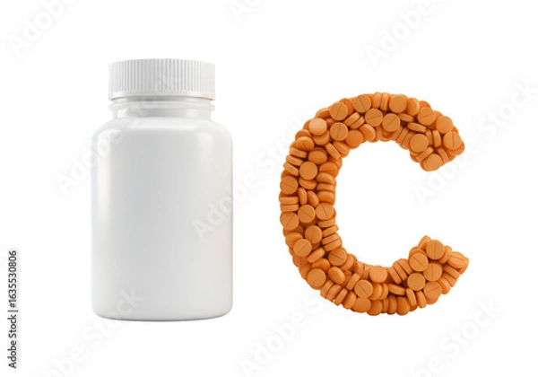 Fototapeta Isolated White Bottle and Orange Vitamin C Pills in Shape of C on Transparent Background