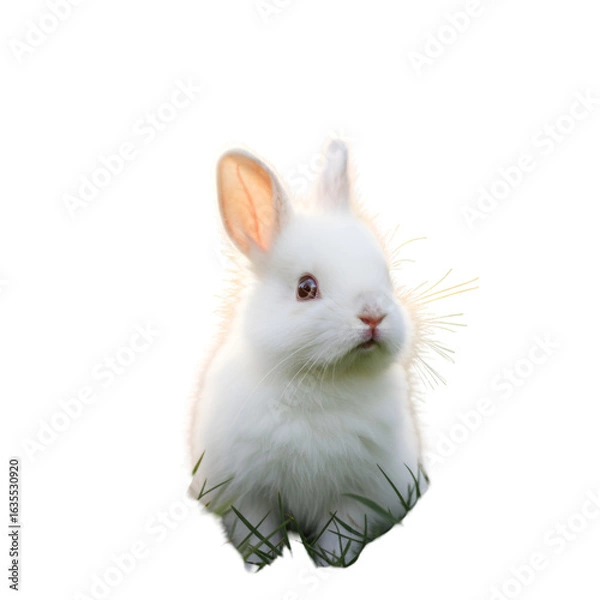 Fototapeta Isolated White Bunny Rabbit Standing on Grass in Daylight Photo