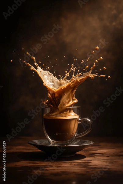 Fototapeta still-life, splashing coffee in perfect crown formation, liquid suspended in air, professional beverage photography, microsecond frozen in time