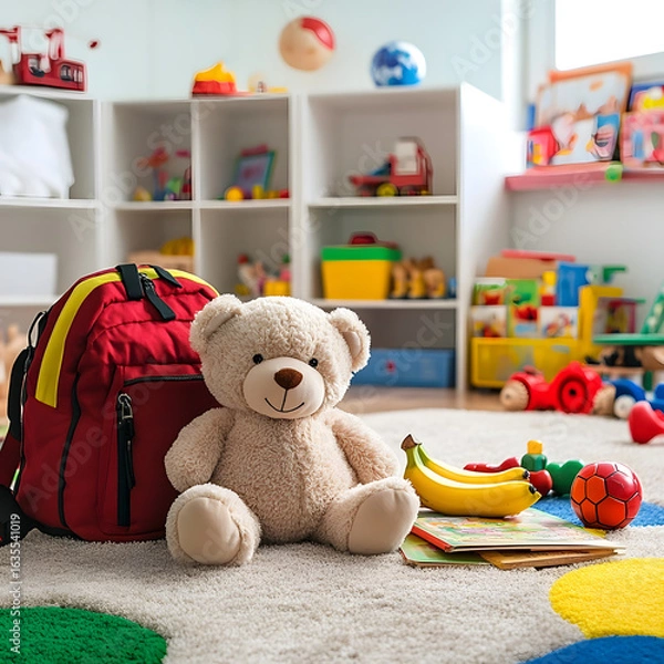 Fototapeta Colorful and Messy Children's Playroom with Toys and a Teddy Bear