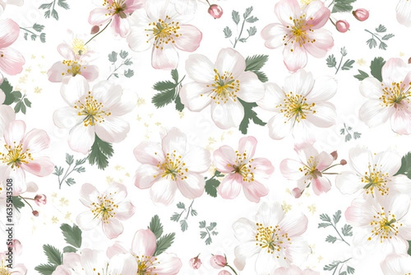 Fototapeta Seamless Pattern of Delicate White Cherry or Apple Blossoms