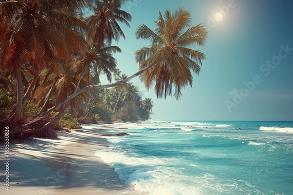 Obraz Tropical sandy ocean beach with palm trees vintage toned photo with abstract  film distress and flare light leak,retro grain noisy film distressed texture light leak flare background