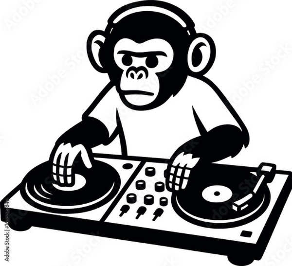Fototapeta DJ Monkey Illustration, Funky Chimpanzee DJ Art, Monkey with Turntables