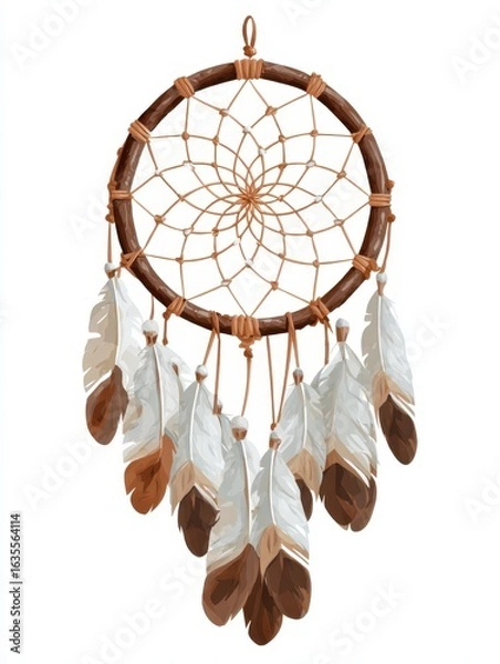 Fototapeta Brown and White Dreamcatcher with Feathers on White Background