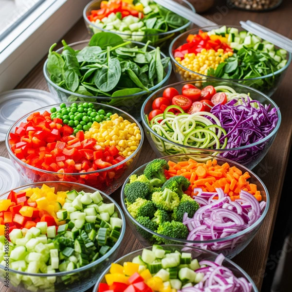 Obraz Colorful bowls of chopped vegetables for meal prep