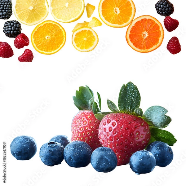 Fototapeta Set of fresh assorted berries including strawberries blueberries raspberries and blackberries isolated on white background