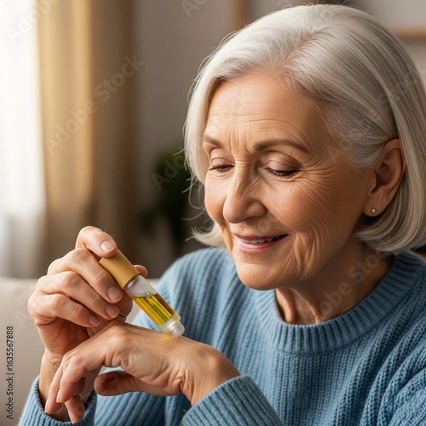 Fototapeta Elderly woman using aromatherapy roller, smiling