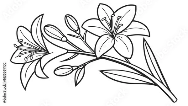 Fototapeta Elegant Lily Flowers and Buds Line Art Illustration. Botanical outline drawing of blooming lilies with leaves, isolated on white background.