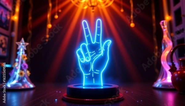 Fototapeta A vibrant neon sign shaped like a peace symbol, situated on a table illuminated with colored lights.