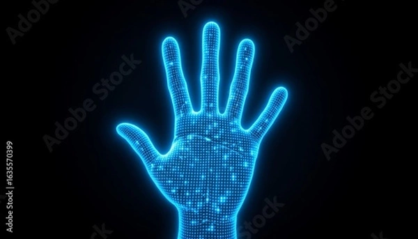 Fototapeta A gloved hand with five fingers, set against a black background. The hand appears to be made of a transparent material that reflects light, creating a glowing outline effect