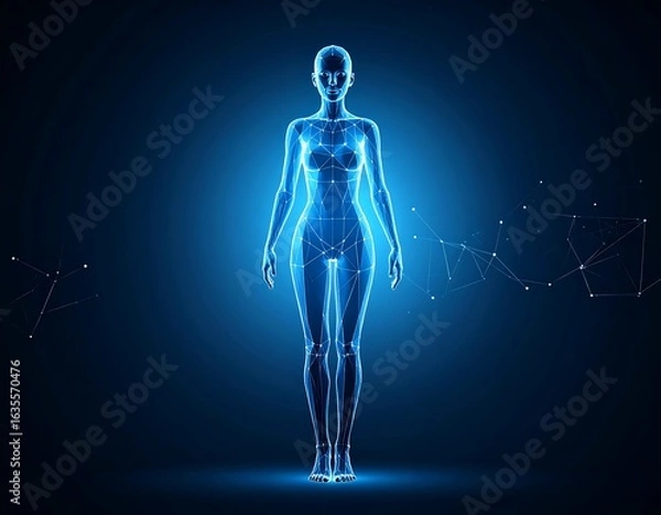 Fototapeta Glowing wireframe female figure, frontal view, dark background