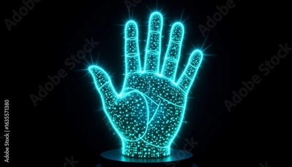 Fototapeta An illuminated hand shaped sculpture with intricate patterns that resemble digital data or circuitry, placed against a dark background.