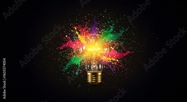 Fototapeta Light Bulb Exploding with Colorful Paint Splashes Concept Illustration