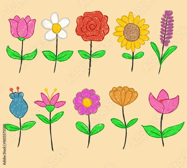 Obraz Cute Crayon Flower Vector Set. Hand Drawn Kids Style Chalk Floral Doodles with Colorful and Playful Lines for Children's Design, Stickers, and Creative Botanical Projects.