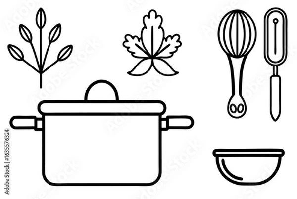 Obraz Line art icons set of kitchen utensils and cooking ingredients — pan, pot, whisk, spoon, vegetables, herbs — black clean vector outlines, simple style, for recipe cards or food packaging design