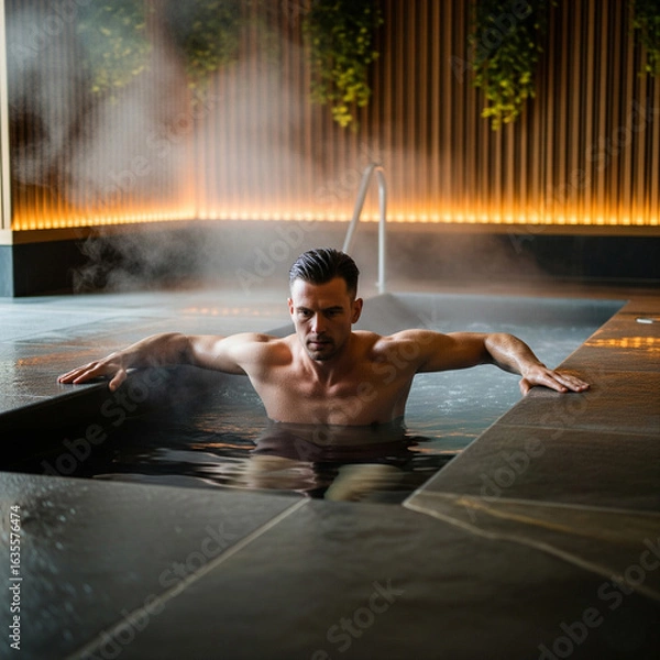 Obraz Man enjoying cold plunge pool, health therapy concept