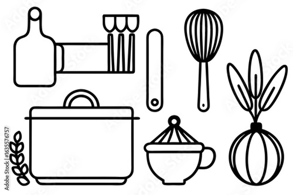 Obraz Line art icons set of kitchen utensils and cooking ingredients — pan, pot, whisk, spoon, vegetables, herbs — black clean vector outlines, simple style, for recipe cards or food packaging design