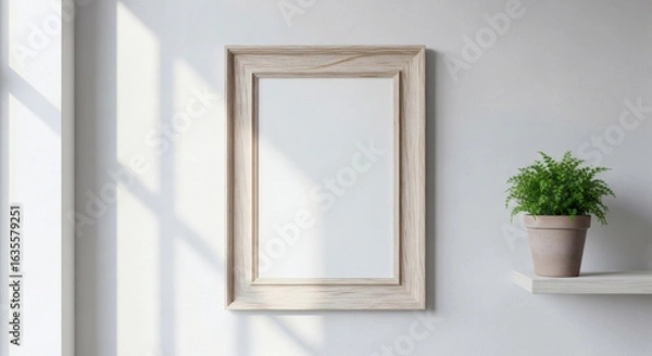 Fototapeta Modern home interior with a blank vertical wooden picture frame mockup on a gray wall with natural light and a plant.