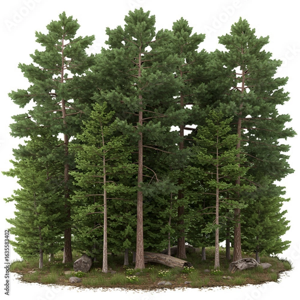 Fototapeta Realistic Forest Illustration with Green Pine Trees and Transparent Background