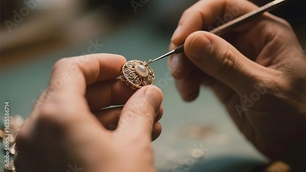 Fototapeta Craftsman meticulously working on an intricate piece of jewelry with a fine tool.