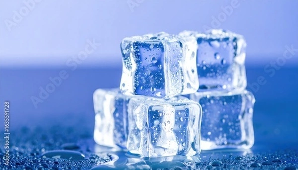 Obraz Clear Ice Cubes Stacked on a Surface with Water Droplets and Blue Lighting