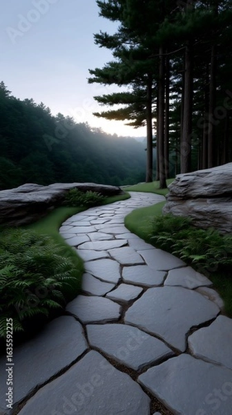 Fototapeta Serene Stone Path in Misty Forest Sunset