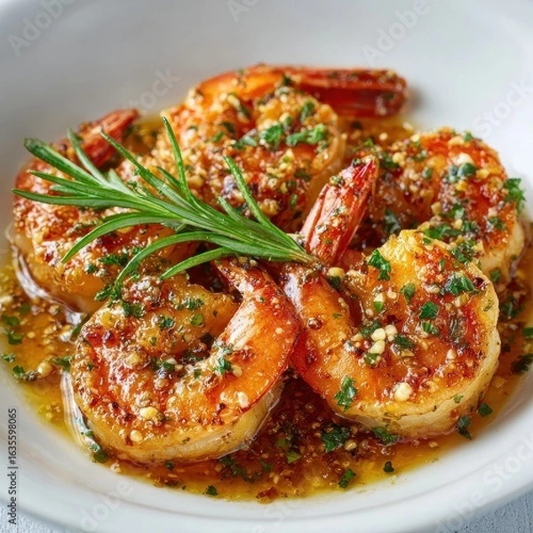 Fototapeta Delicious Garlic Shrimp Scampi with Rosemary in a White Bowl Close Up