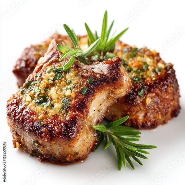 Obraz Delicious Grilled Pork Chops with Garlic and Rosemary Garnish on White