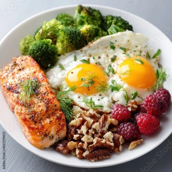Fototapeta Healthy Breakfast Plate with Salmon, Eggs, and Broccoli