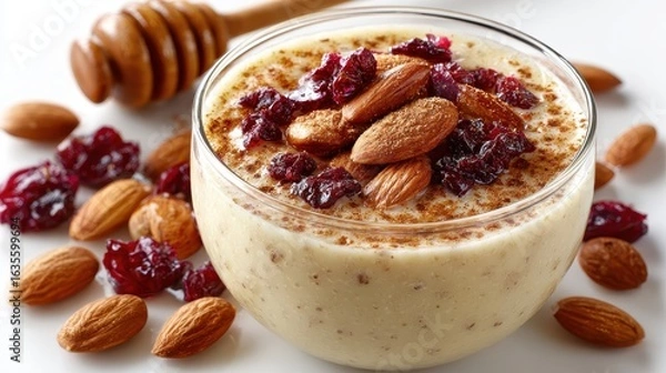 Fototapeta Healthy Breakfast Bowl with Almonds, Cranberries and Cinnamon Powder