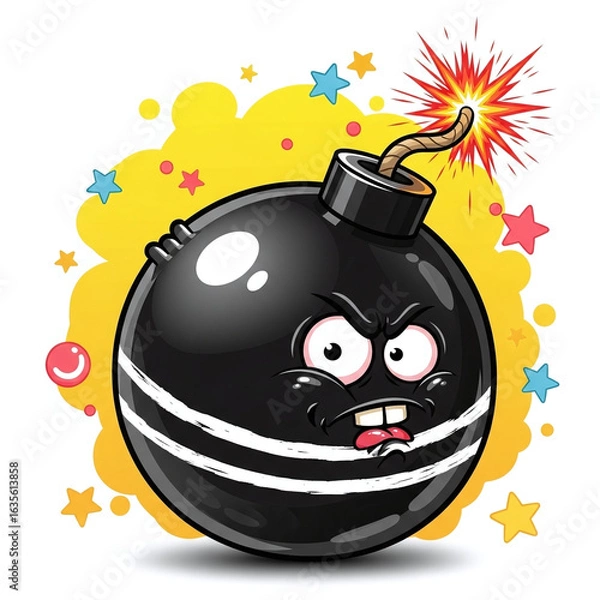 Obraz .A funny black cartoon bomb character with a lit fuse and a menacing expression