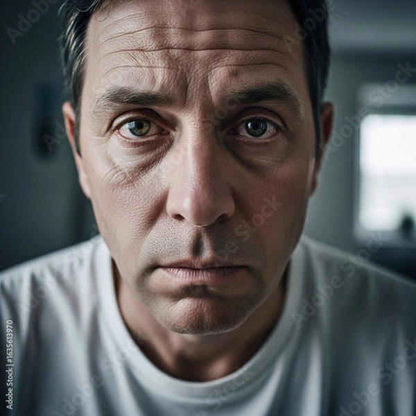 Obraz .A very close-up portrait of a serious, middle-aged man with a worried expression