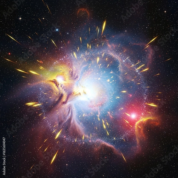 Obraz .Dynamic cosmic explosion illuminating the dark vastness of a star-filled universe