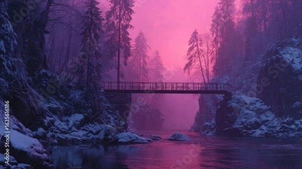 Fototapeta Pink-hued winter scene; snow-covered rocks, bridge, and river in a misty forest