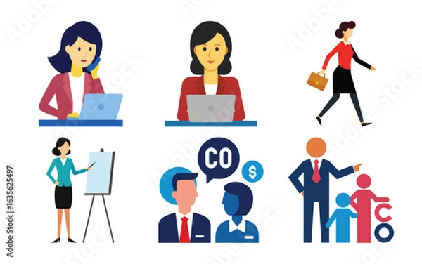 Fototapeta Vector art of business people in different scenarios, including phone calls, presentations, and discussions, isolated on white background