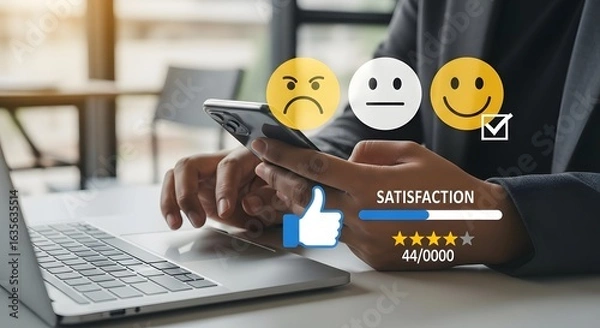 Fototapeta Customer experience survey feedback online rating review satisfaction with mobile phone app tool
