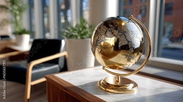 Fototapeta Golden Globe Decorative Item on Marble Table in Modern Office Interior with Natural Light