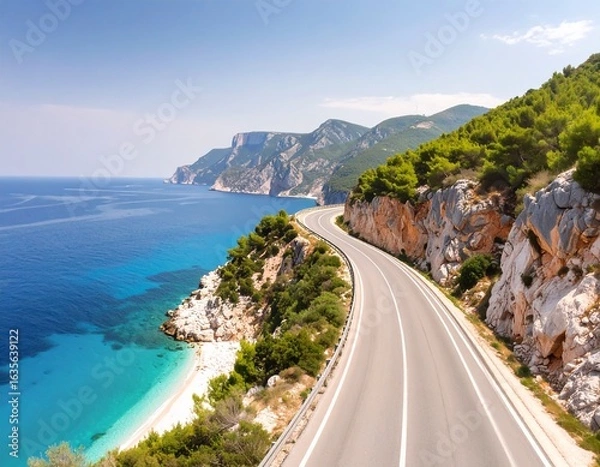Fototapeta Generated image エメラルドブルーの海と険しい崖に沿って続く海岸道路の絶景。ドライブやロードトリップに最適な、美しい海と自然が広がる夏の風景