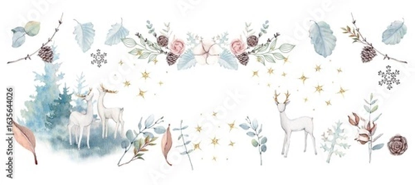 Obraz Holiday, New year, Winter, Thanksgiving, Merry Christmas pattern with animals, winters elements, flowers, snowflakes.