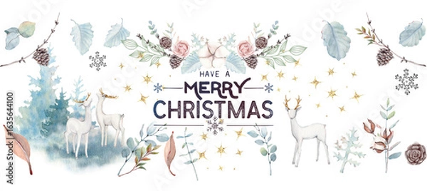 Obraz Merry Christmas pattern with animals, winters elements, flowers, snowflakes.